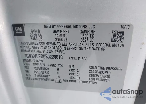 2011 Chevrolet Traverse Ltz из США, поврежденный, VIN 1GNKVLED0BJ228818